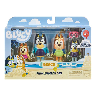 Bluey Figure 4-Pack, Family Beach Day 2.5-3 Inch, Bingo, Bandit and Chilli Character Figures with Accessories